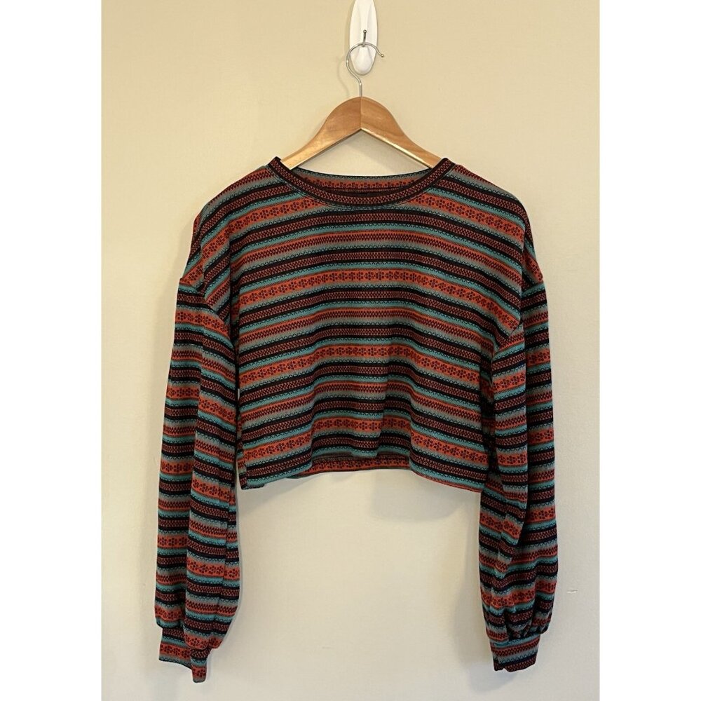 Zaful Women’s‎ Knit Striped Boho Cropped Top Long Sleeve Sz L